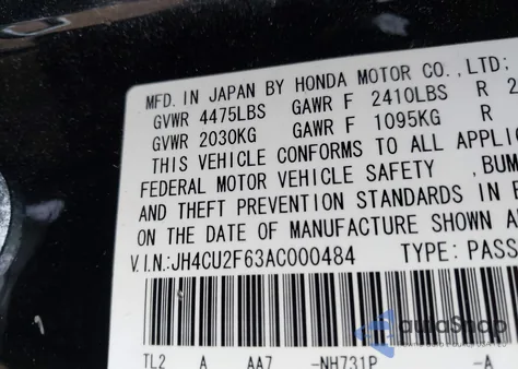 2010 Acura Tsx 2.4 из США, поврежденный, VIN JH4CU2F63AC000484